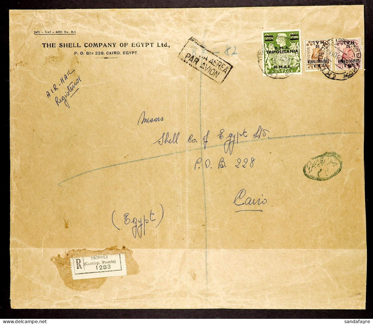 TRIPOLITANIA 1948 (4 Oct) Large Env Registered To Cairo Bearing The 10m On 5d, 12m On 6p And 60m On 2s6d Stamps Tied Tri - Africa Orientale Italiana