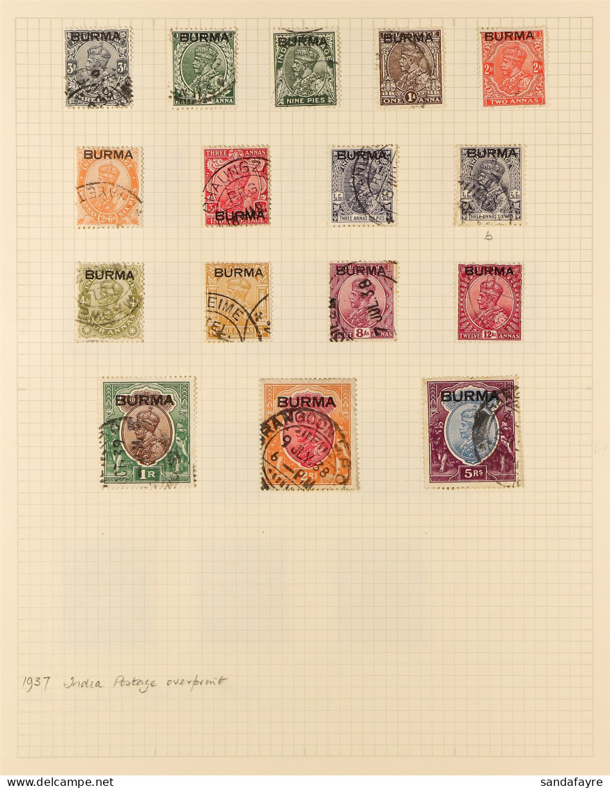 1937 - 1947 COLLECTION Of 100+ Used Stamps On Album Pages, 1937 Set To 5r, 1938-40 Set To 5r, 1945 'MILY ADMIN' Set, 194 - Birmania (...-1947)