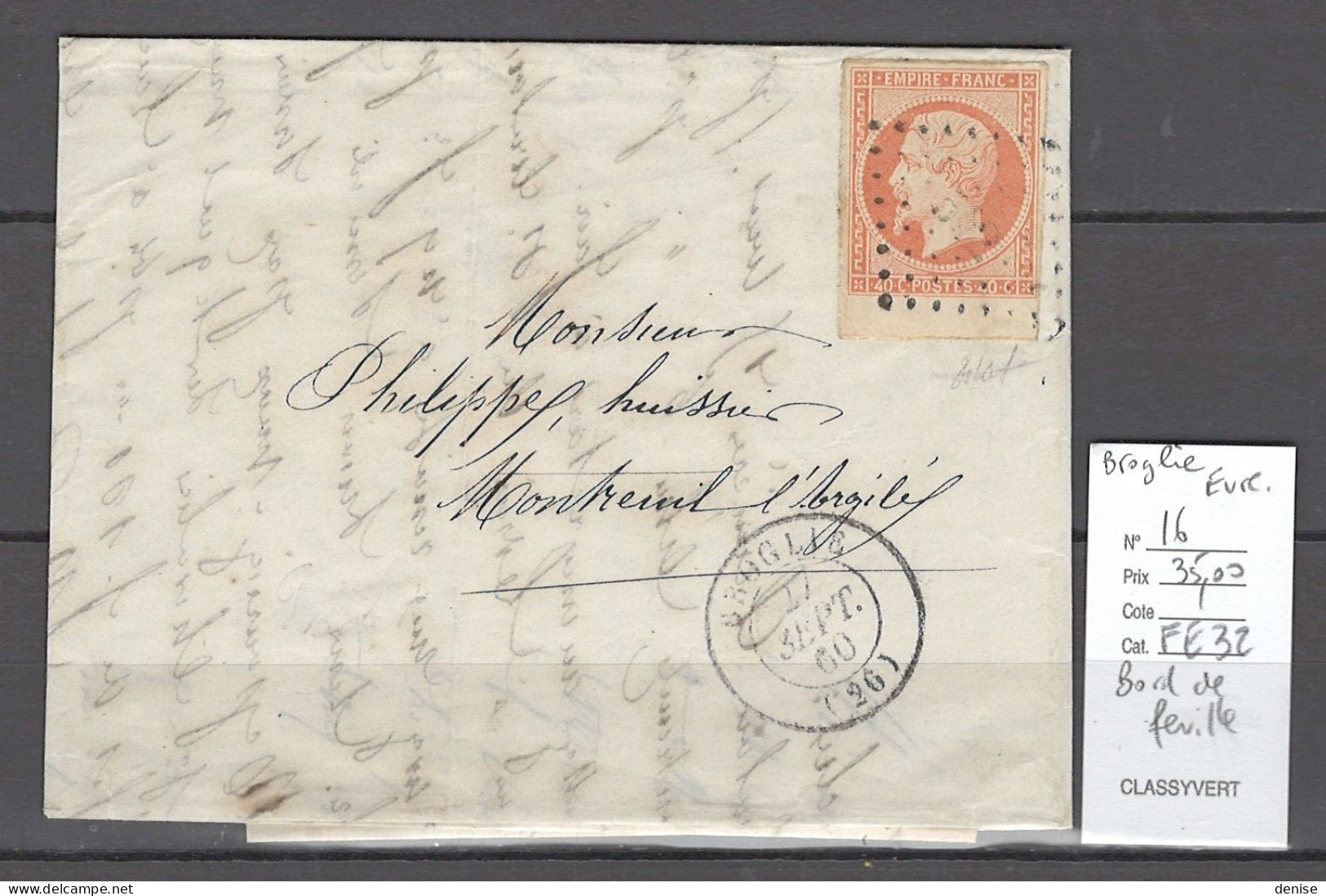 France - Lettre Broglie - Eure - Yvert 16 Bord De Feuille - Luxe - 1860 - 1853-1860 Napoléon III.