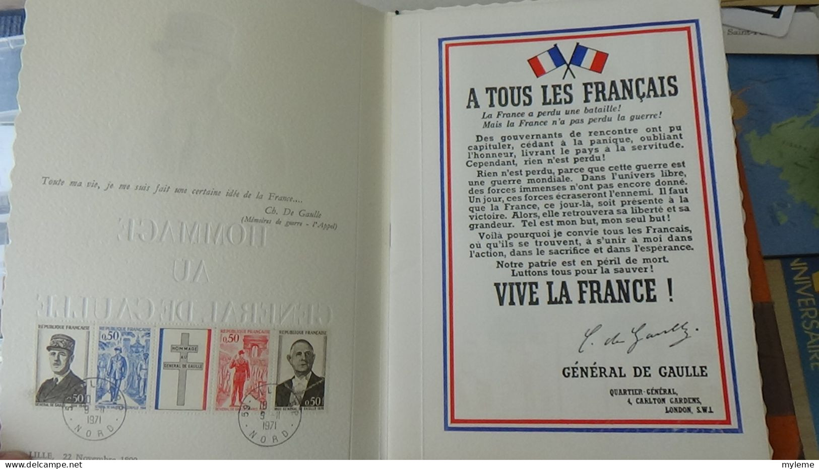 BG7 Très belle étude sur le général De Gaulle en timbres, blocs, enveloppes et documents philatéliques. A saisir !!!