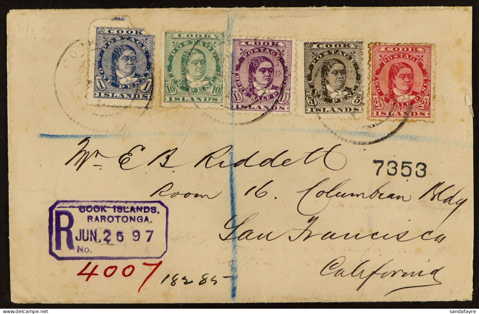 1897 (Jun) Env Registered To San Francisco With Queen 1d, 1?d, 2?d, 5d And 10d Five-colour Franking, Tied By Cook Island - Cookeilanden