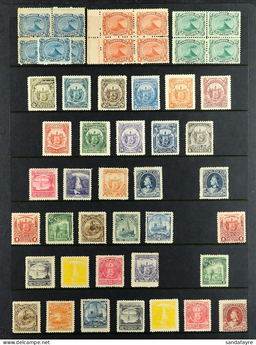 1867 - 1930 Group Of 70+ Mint Stamps On Protective Pages, Note 1867 Volcano Vals To 2r Blocks 4, Varieties, Etc. Scott C - El Salvador