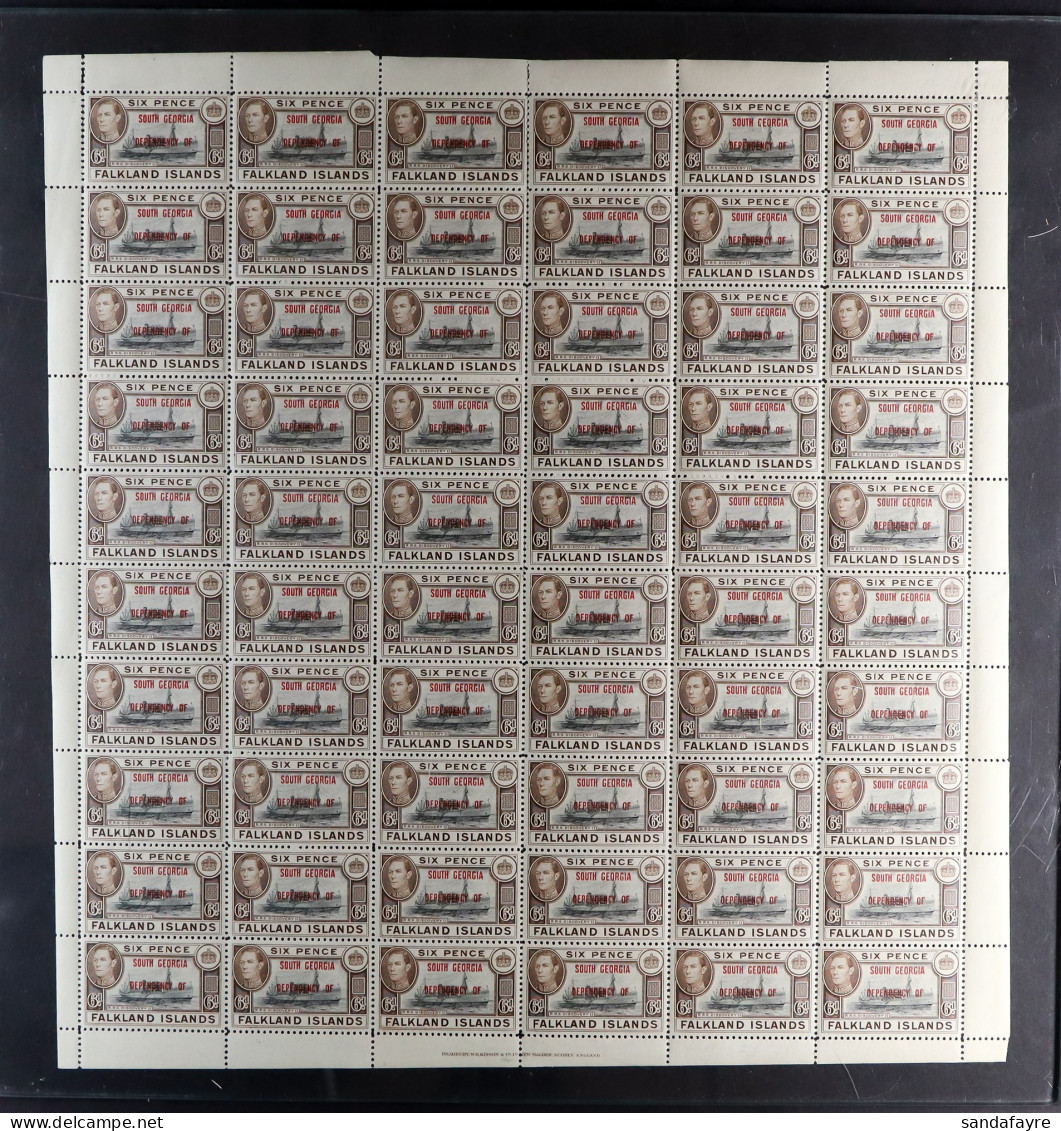 SOUTH GEORGIA 1945 6d Black And Brown Overprinted Value Complete Sheet 60, SG B6, Never Hinged Mint, A Few Split Perfs.  - Falkland Islands