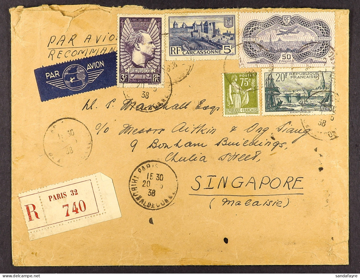 1938 (20 May) Env Registered From Paris To Singapore Bearing 5 Stamps Making A 78fr.75c Franking, Includes The 50fr Air  - Other & Unclassified