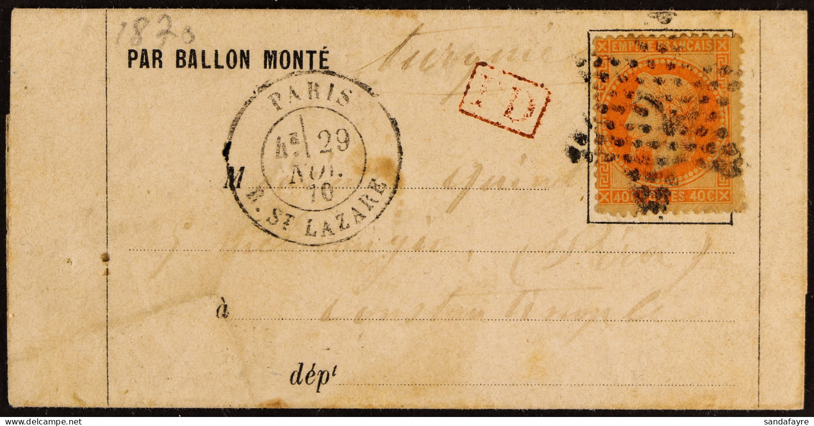 BALLON MONTE 1870 (29 Nov) Printed 'Par Ballon Monte' Entire Letter Addressed To CONSTANTINOPLE (TURKEY), Bearing 40c Or - Altri & Non Classificati