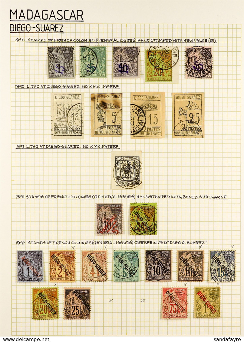 DIEGO-SUAREZ 1890 - 1893 COLLECTION Of 60 Used Stamps On Pages, Includes 1890 '15' Surcharged Set, 1890 Imperf Set (5c S - Autres & Non Classés