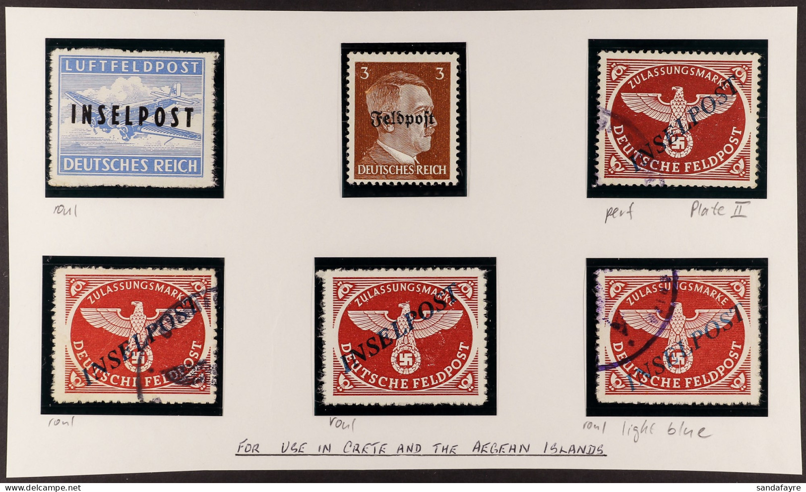 INSELPOST 1944-1945 Group 6 Stamps, RHODOS 1944 (-) Ultramarine Roulette Perf Mint, AGRAM 1944 (-) Lake-brown Perf Plate - Autres & Non Classés