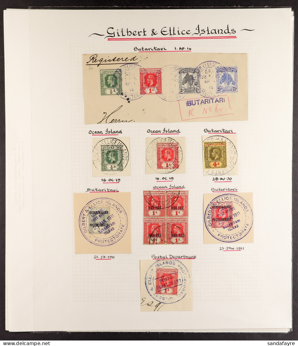 1911 - 1944 CANCELLATIONS Range Of Chiefly Stamps On Piece, Note 1911 1d, (2), 2d (2), 2?d?tied To Piece Tied Violet But - Gilbert & Ellice Islands (...-1979)