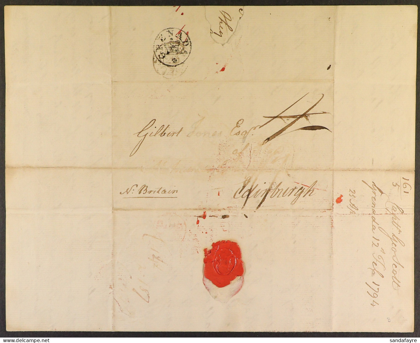 1794 (12 Feb) Lengthy Entire Letter With Personal Contents To Edinburgh, Bearing Rate Marks And 'GRENADA' Crown Circular - Grenada (...-1974)