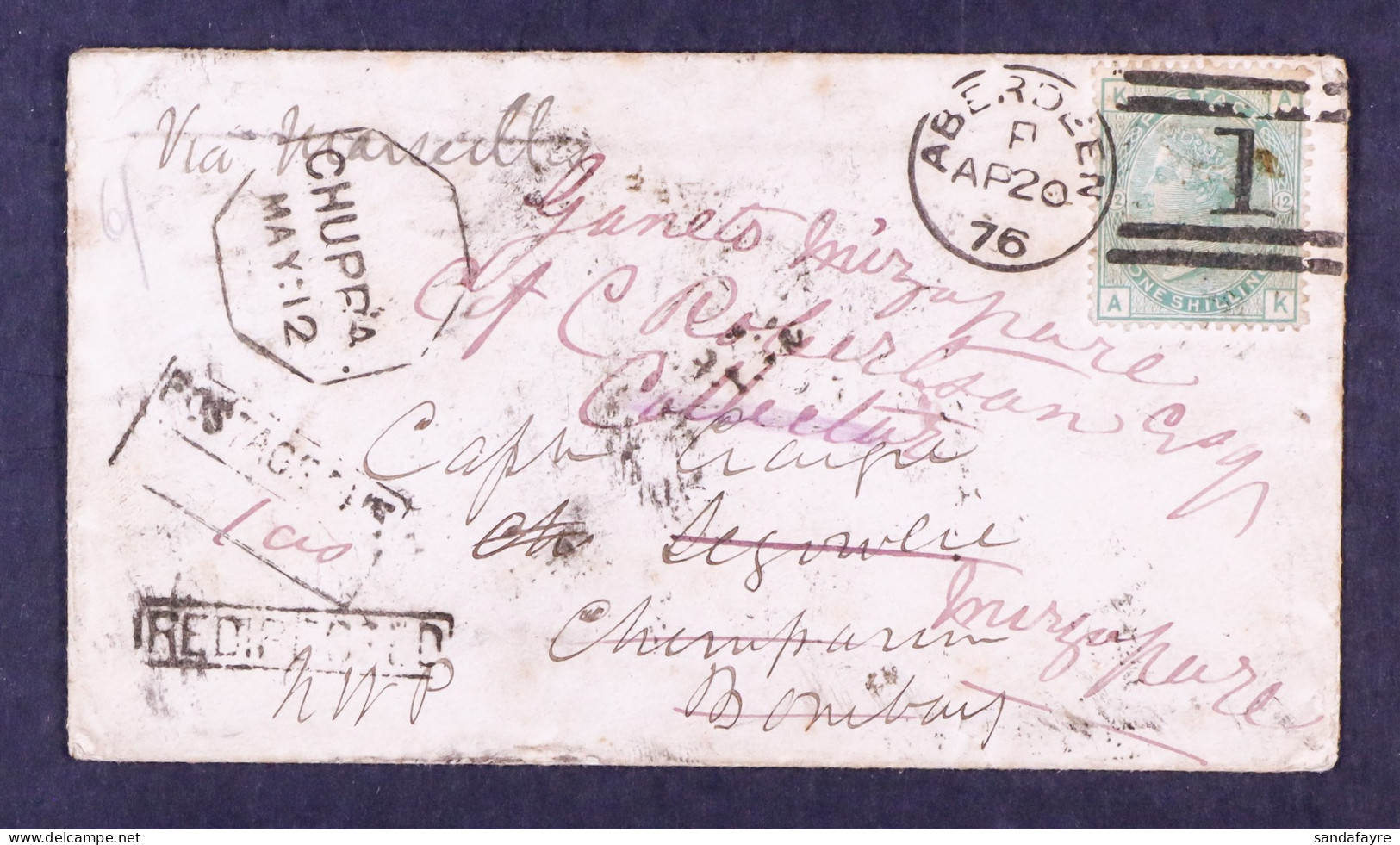 1876 (20 Apr) Env Bearing 1s Green Stamp Sent From Aberdeen, Scotland To 'Capt Craigie At Segawlie, Chupra, Bombay' With - Otros & Sin Clasificación