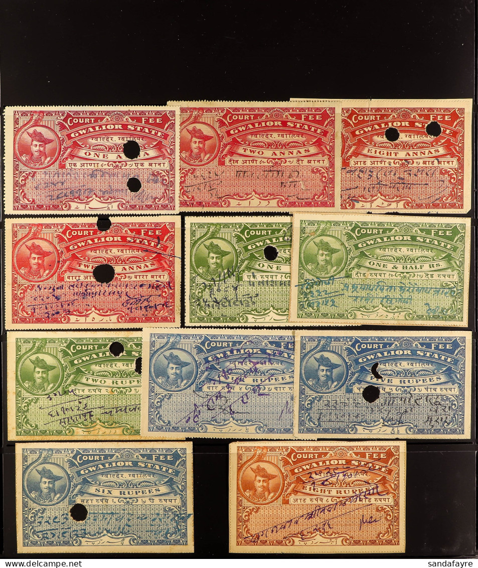 GWALIOR - REVENUE STAMPS 1920 - 1943 Collection Incl. Court Fee (44 Examples) Petition 1943 2a Range In Various Colours, - Autres & Non Classés