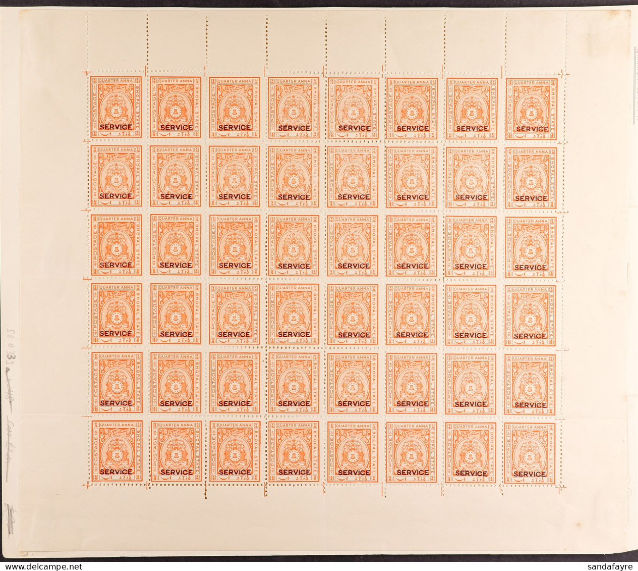 BHOPAL OFFICIAL 1933 ?a Orange Perf 11? (SG O313a) Sheet Of 48 Stamps, Stamps Never Hinged. Cat ?576. - Andere & Zonder Classificatie