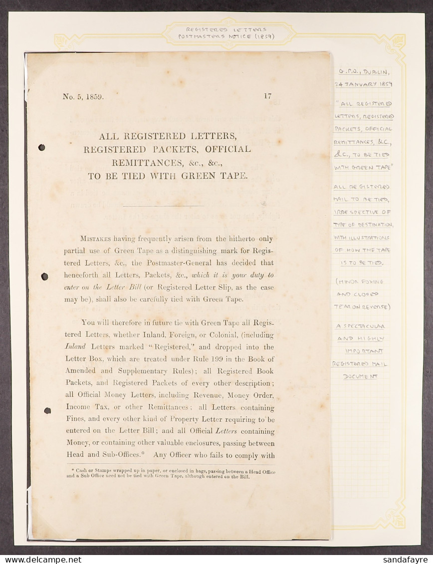 1859 POSTMASTERS NOTICE  FOR REGISTERED LETTERS Printed Circular From The General Post Office Dublin, Instructing That A - Altri & Non Classificati