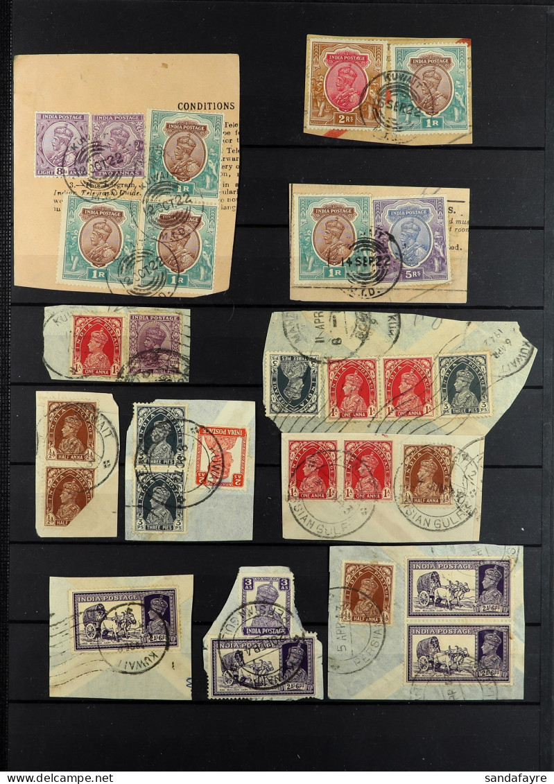 INDIA USED IN KUWAIT Collection Of Around 60 Indian KGV And KGVI Stamps, All Tied To Pieces By Kuwait Cancellations, Val - Koweït