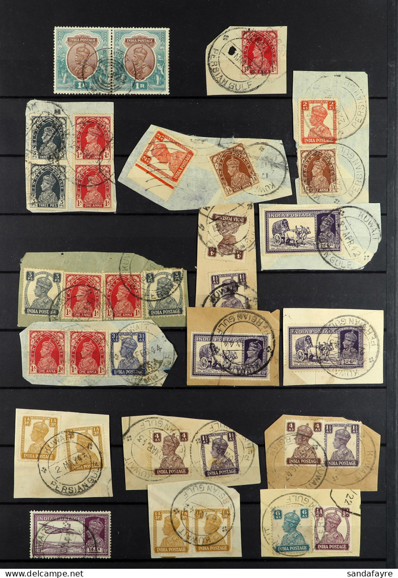 INDIA USED IN KUWAIT Collection Of 34 Indian KGV And KGVI Stamps With Kuwait Cancellations, Many On Piece. - Koweït