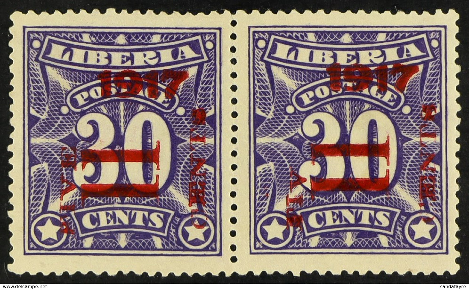 1917 5c On 30c Deep Violet Pair - One With 'FIV CENTS' Unlisted Error - Scott 161+161 Variety, Mint. - Liberia