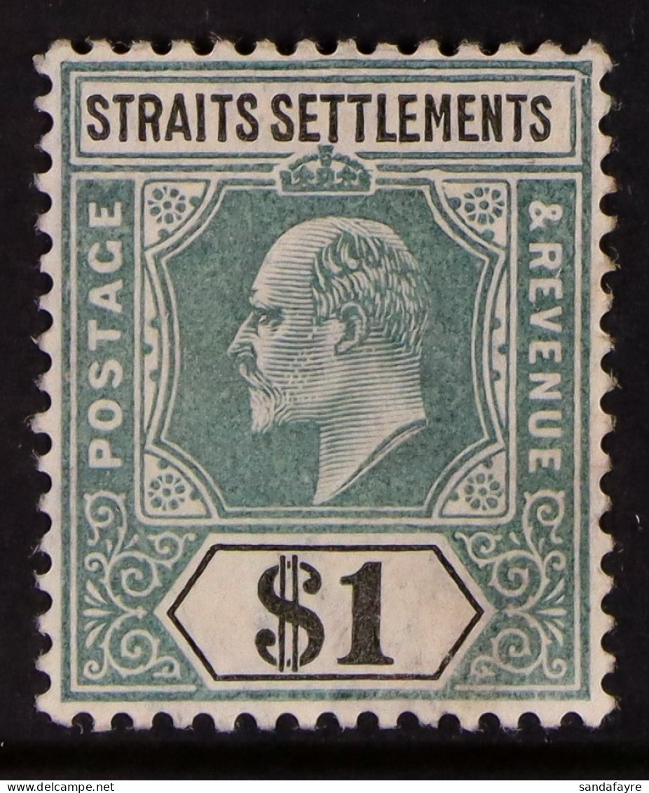 1904-10 $1 Dull Green & Black Ordinary Paper DAMAGED FRAME AND CROWN (Spaven Flaw) Variety, SG 136a, Fine Mint. - Straits Settlements