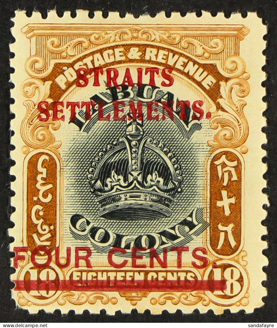 1906-07 4c On 18c Black & Pale Brown Overprint LINE THROUGH 'B' Variety, SG 146d, Mint Part Gum, Fresh. Cat ?350. - Straits Settlements