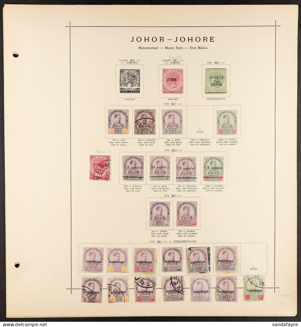 JOHORE Collection Of 64 Mint & Used Stamps Spanning 1884 - 1941 Old Album Pages. - Autres & Non Classés