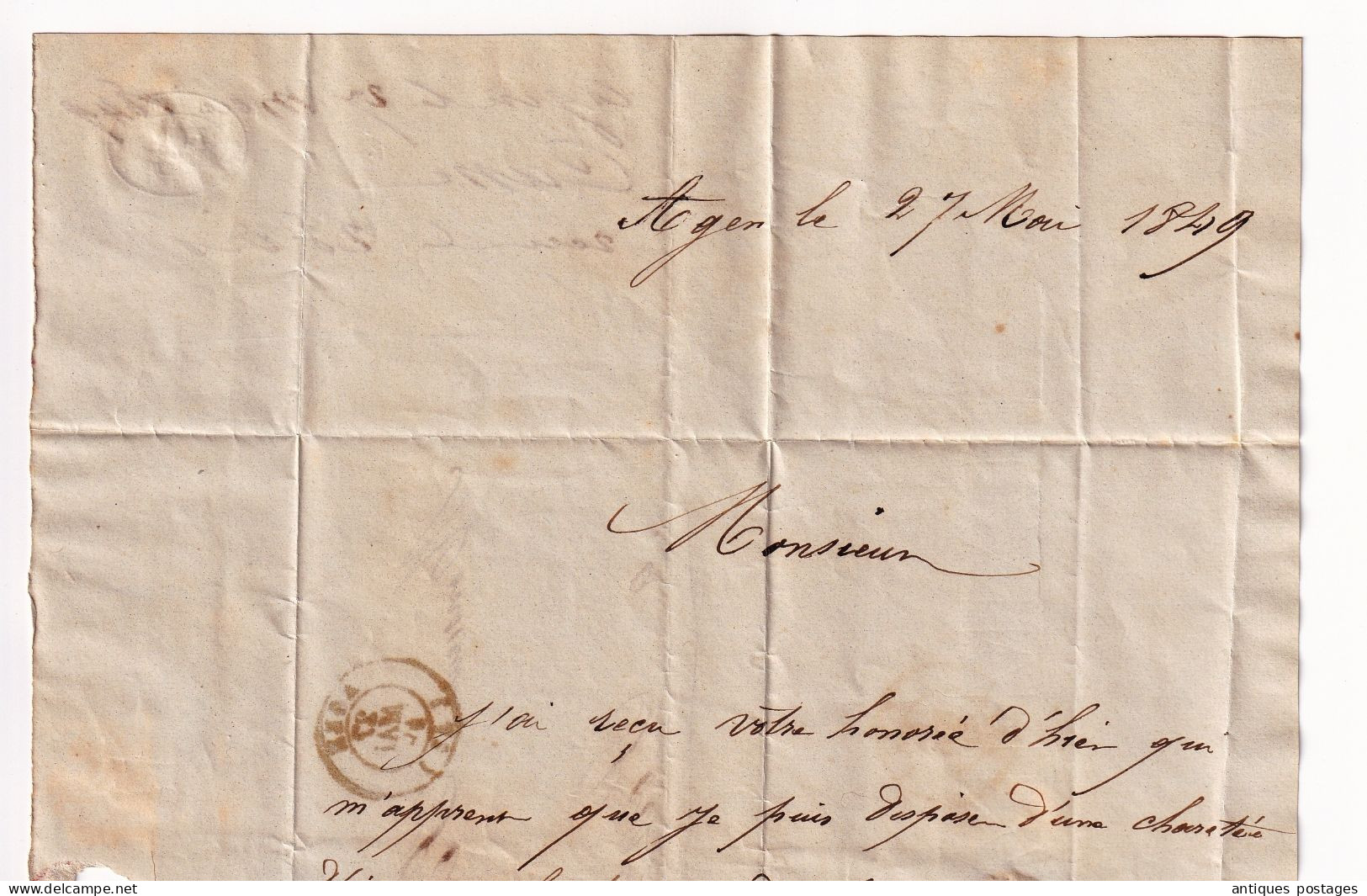 Lettre 1849  Agen Casse Lot et Garonne pour Port de Pascau Saint-Léger Cachet Damazan Pébéreau