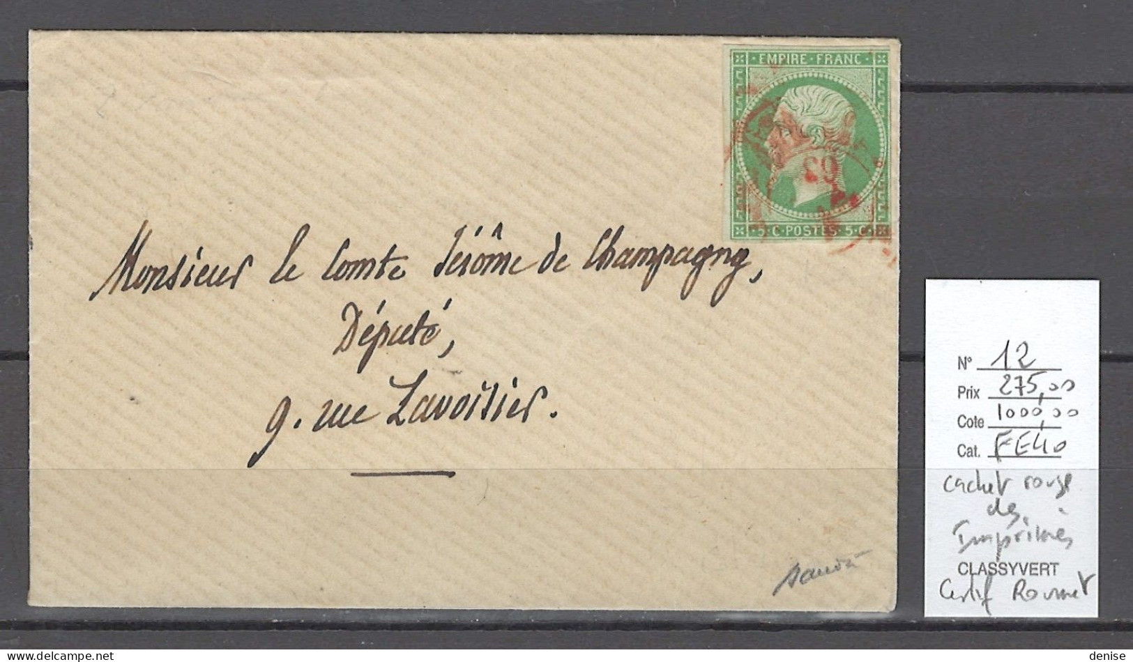 France - Lettre Yvert 12 - Cachet Rouge Des Imprimés - Certificat Roumet - 1849-1876: Klassik