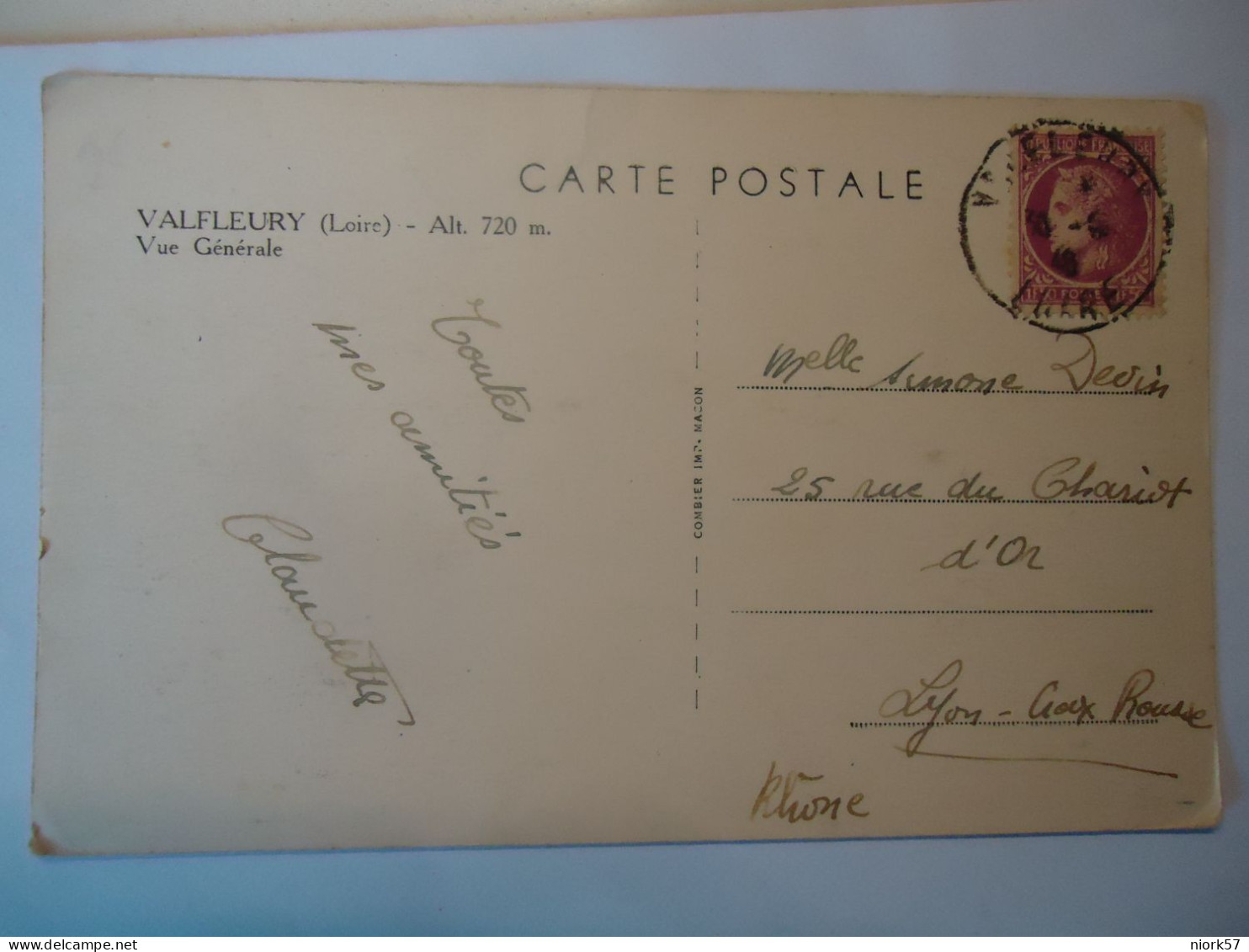 FRANCE   POSTCARDS  VALFLEURY  LOIRE  1948 - Andere & Zonder Classificatie