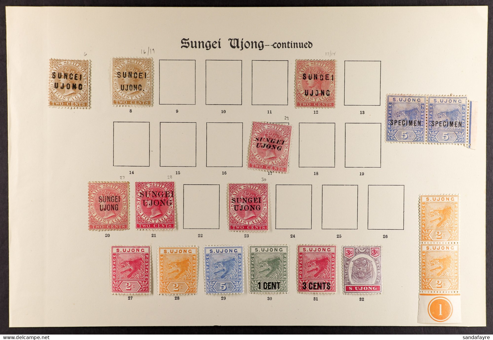 SUNGEI UJONG 1881 - 1895 Mint Range Of 17 Stamps On Part Of Old Album Page Incl 1881 2c Brown SG 6, 1882-84 2c Pale Rose - Altri & Non Classificati