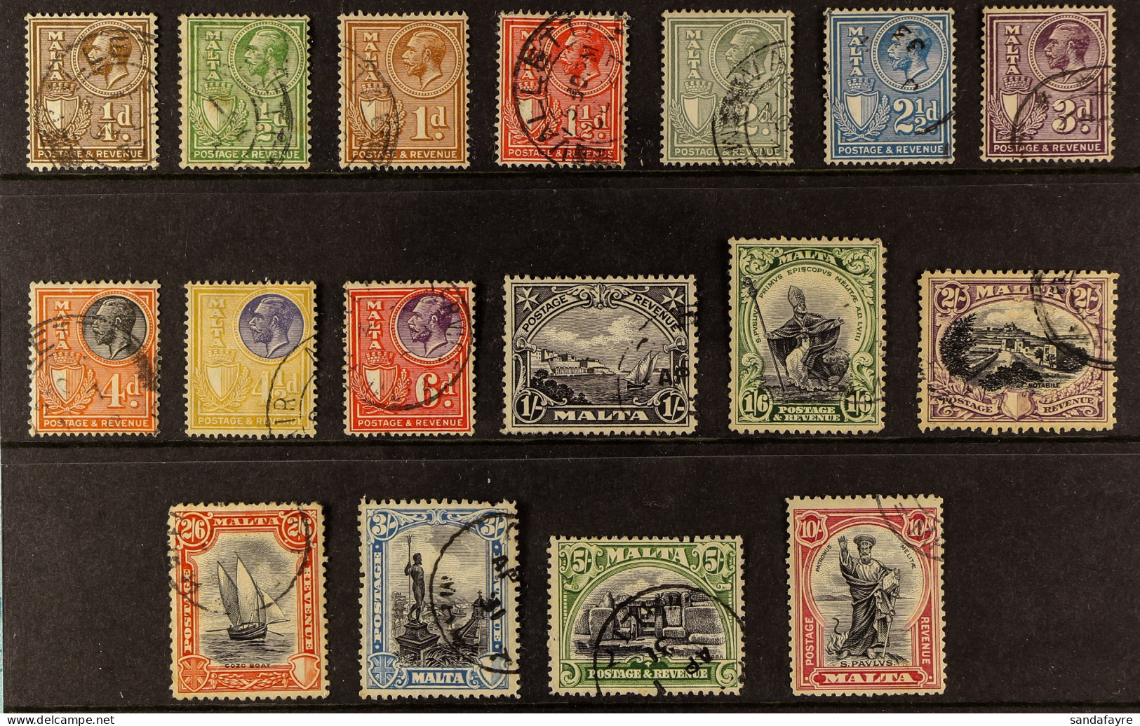 1930 'Postage & Revenue' Set, SG 193/209, Fine Used. Cat ?425 (17 Stamps) - Malta (...-1964)