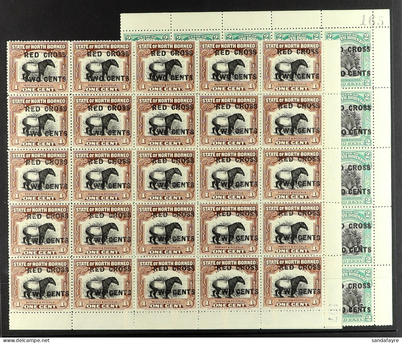 1918 (Aug) 'RED CROSS / TWO CENTS' Surcharges On 1c, 2c, 3c, 4c, 5c, 6c, 8c And 10c (SG 214-223), Each A Block Of 25 Fro - Nordborneo (...-1963)