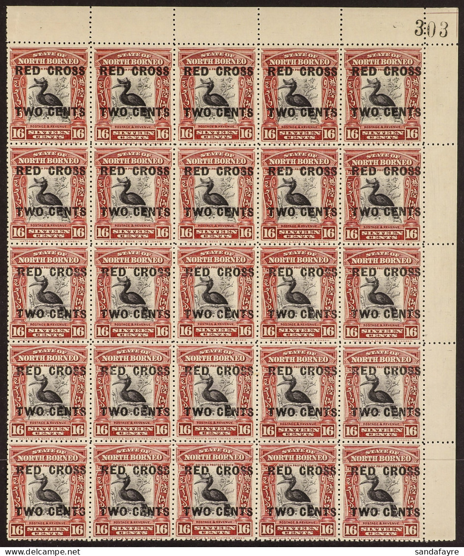 1918 (Aug) 'RED CROSS / TWO CENTS' On 16c, SG 225, Block 25 From The Top-right Corner, Never Hinged Mint. Cat ?550. - Bornéo Du Nord (...-1963)