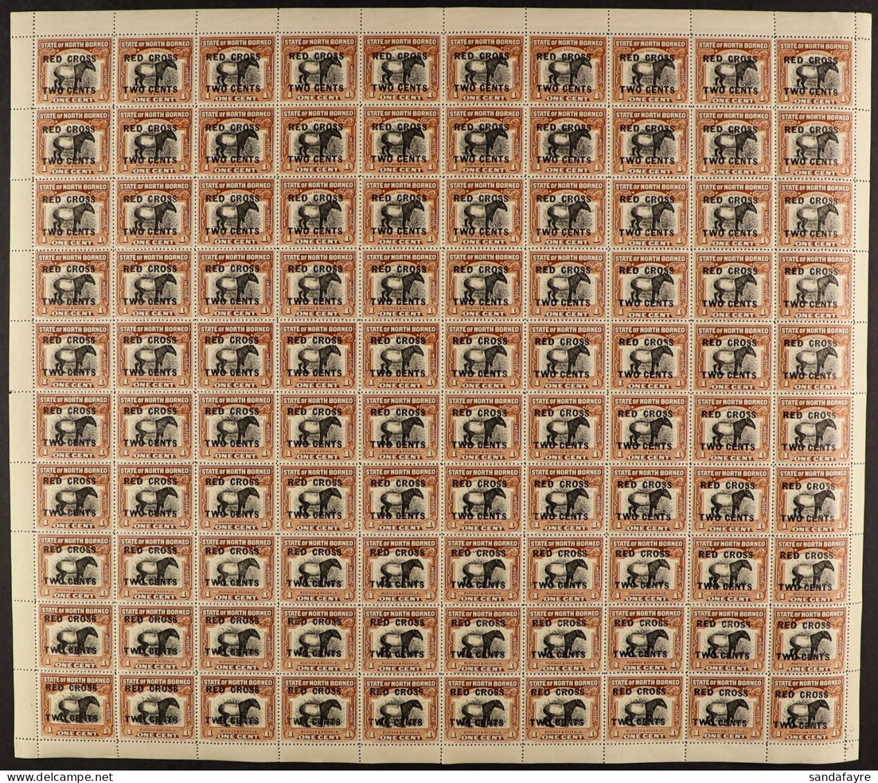 1918 (Aug) 'RED CROSS / TWO CENTS' A Set Of Values From 1c + 2c Brown To The 8c + 2c Lake EACH A COMPLETE SHEET OF 100.  - Nordborneo (...-1963)