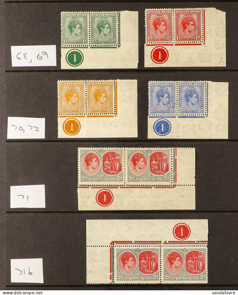 1938-50 Group Of Values In 13 Pairs With Plate Number, 2d (2, Both Perfs), 3d (2, Both Perfs, On SG 73e), 6d SG 74b, 1s  - St.Kitts E Nevis ( 1983-...)