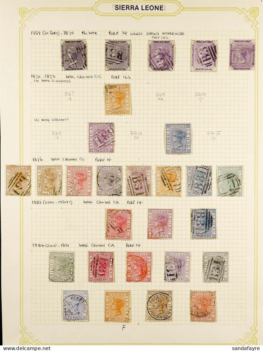 1859 - 1897 COLLECTION Of 46 Used Stamps On Album Pages, Note 1859-74 6d (5, Shades Incl Perf 12?), 1872-73 Wmk Sdwys 3d - Sierra Leone (...-1960)