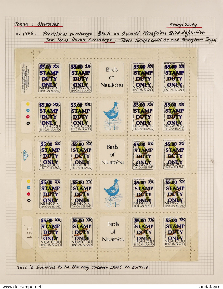 REVENUES - STAMP DUTY 1996 $5 On 9s Honeyeater Bird, Barefoot 61, Never Hinged Mint Complete Sheetlet Of 20 + 5 Labels,  - Tonga (...-1970)