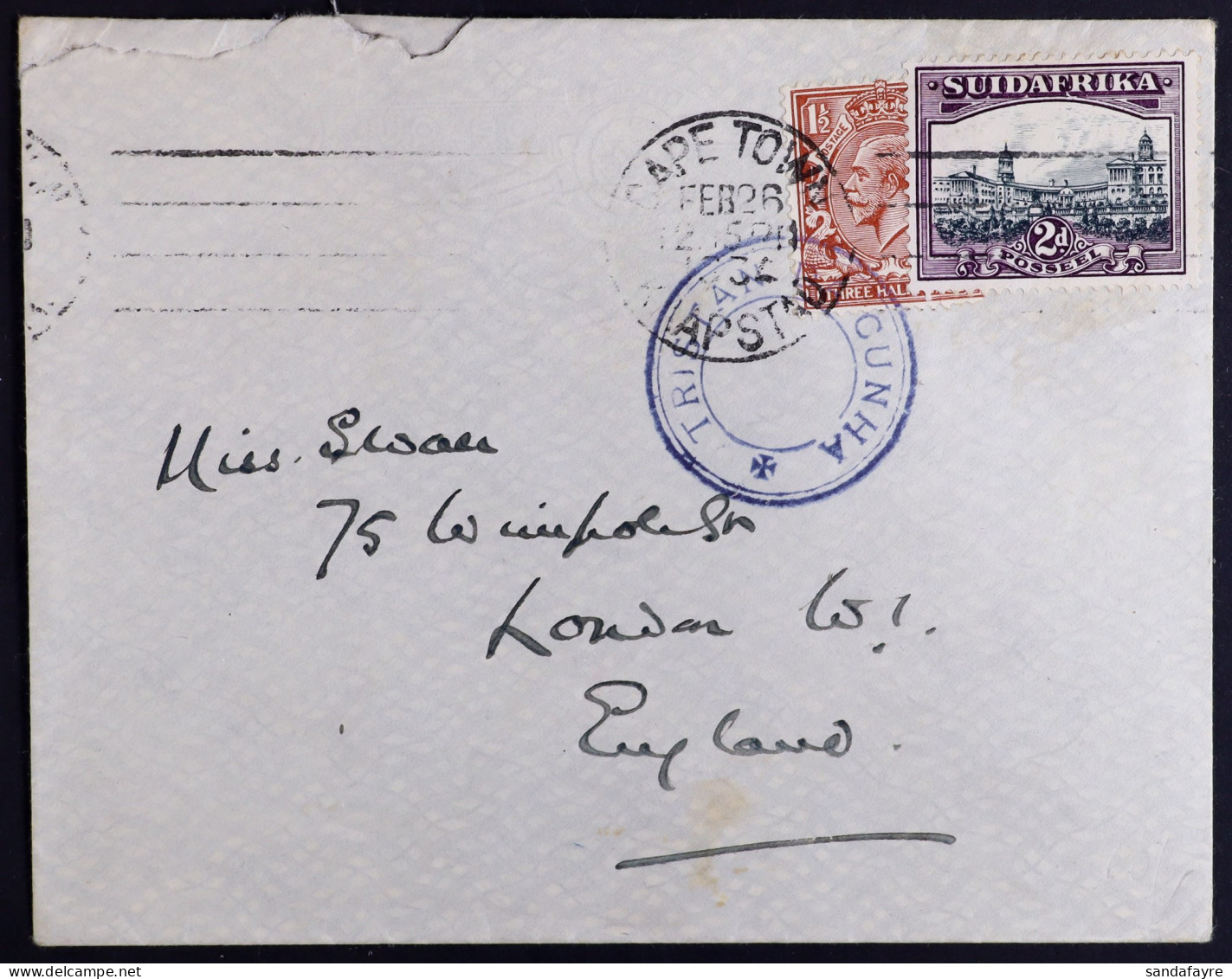 1934 Env To England Bearing GB 1?d Stamp Tied Tristan Type V Cachet In Violet, A Further South Africa 2d Affixed And Tie - Tristan Da Cunha