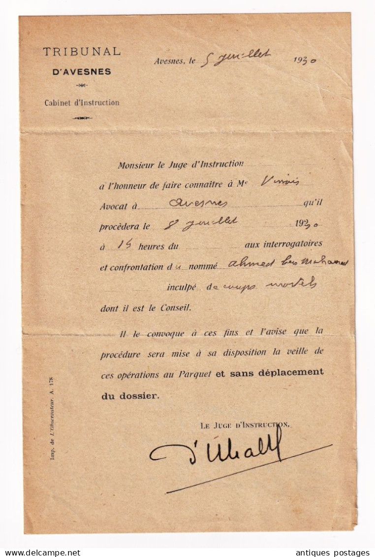 Lettre Recommandée 1930 Avesnes Sur Helpe Nord Tribunal Cabinet Juge D'Instruction Pasteur 1F50 Justice - 1922-26 Pasteur