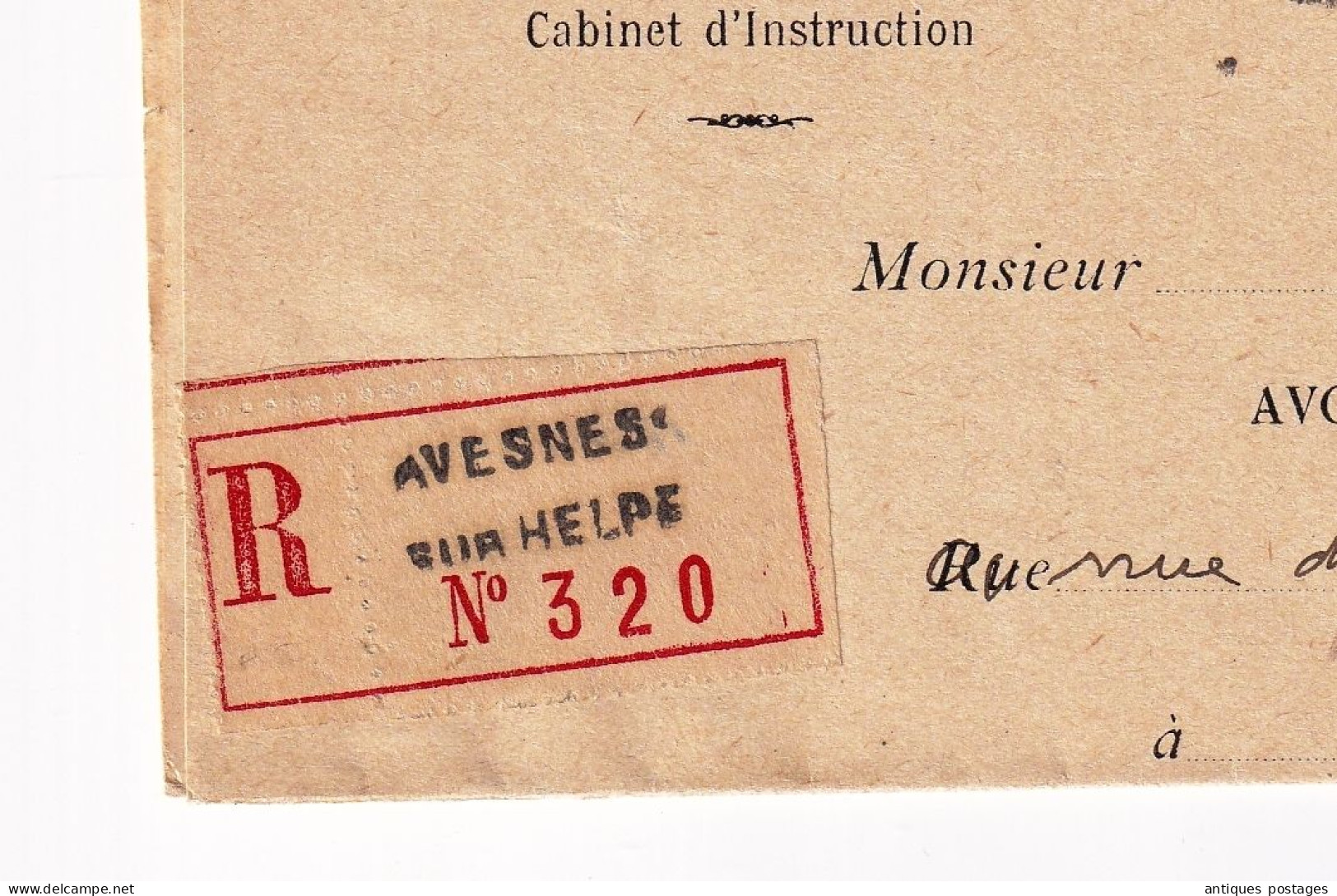 Lettre Recommandée 1930 Avesnes Sur Helpe Nord Tribunal Cabinet Juge D'Instruction Pasteur 1F50 Justice - 1922-26 Pasteur