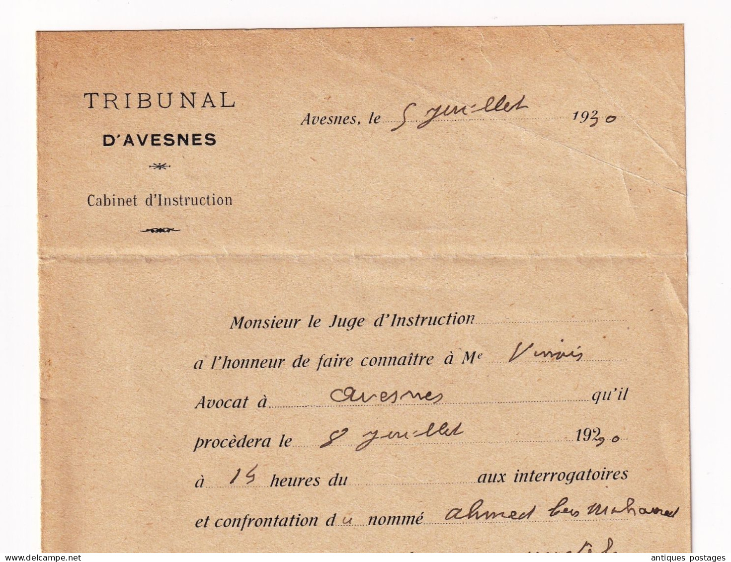 Lettre Recommandée 1930 Avesnes sur Helpe Nord Tribunal Cabinet Juge d'Instruction Pasteur 1F50 Justice