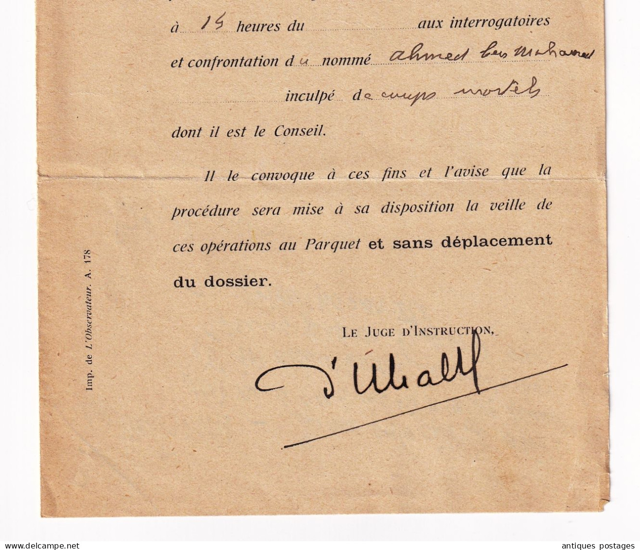 Lettre Recommandée 1930 Avesnes sur Helpe Nord Tribunal Cabinet Juge d'Instruction Pasteur 1F50 Justice