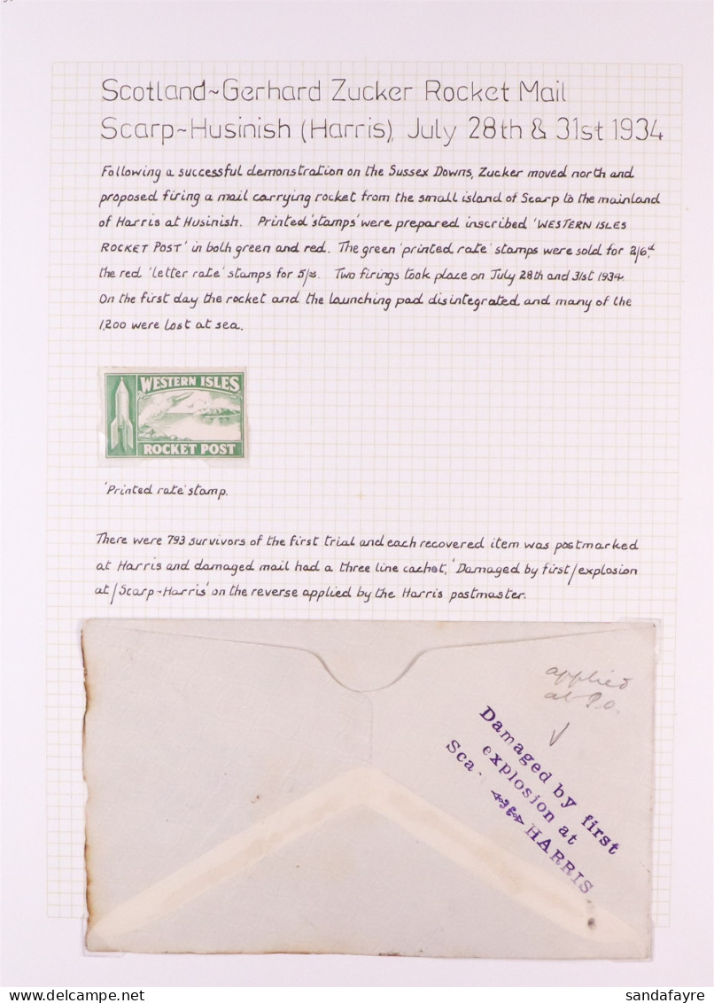 STAMP - 1934 ROCKET MAIL, SCARP, ISLE OF HARRIS Zucker Trial Flight Cover With 'Damaged By First Explosion At Scarp Harr - ...-1840 Vorläufer