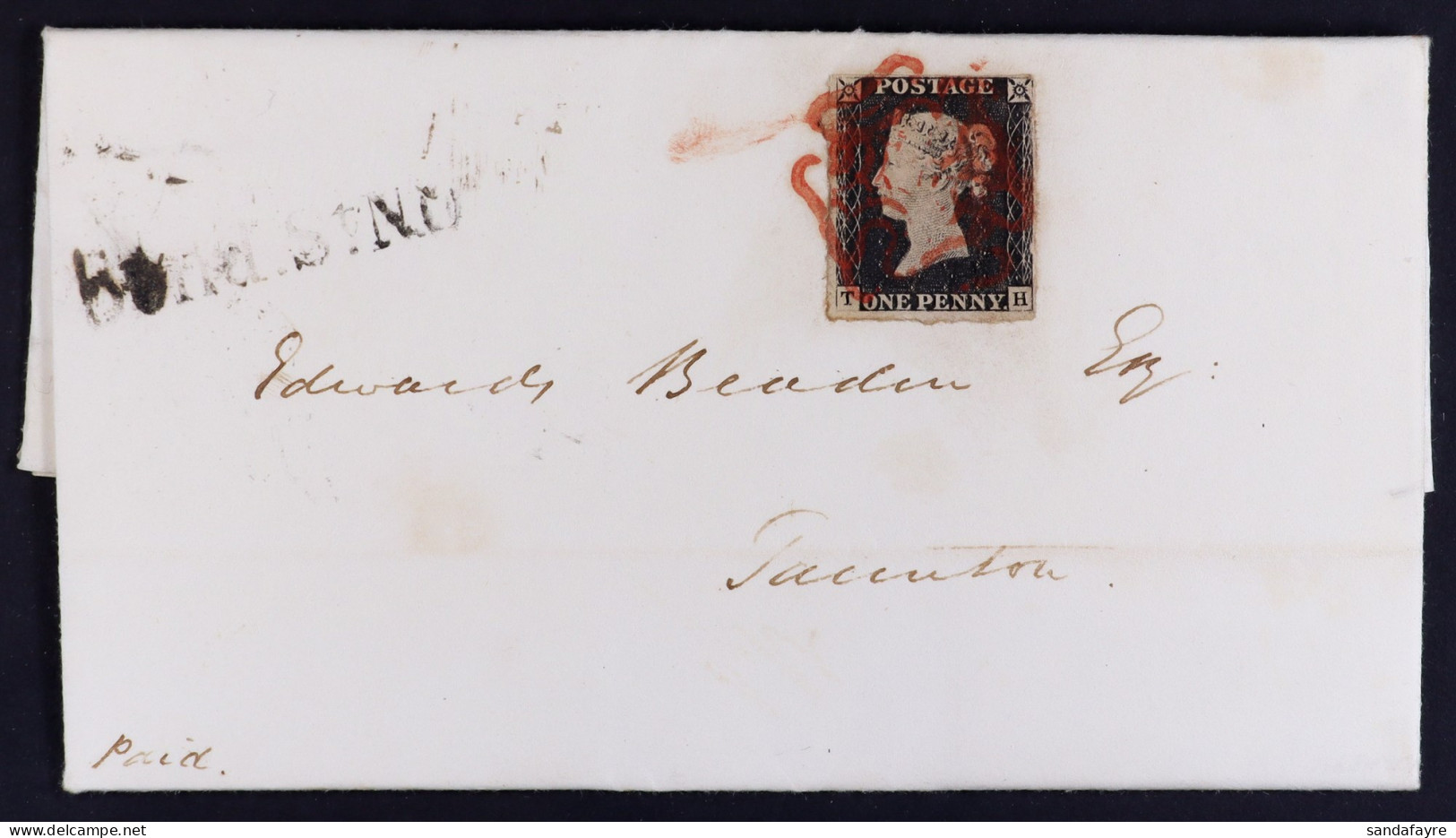 1840 (19 June) Entire Letter Bearing 1d Black Plate 1b 'TH' (4 Margins Roughly Cut) Tied By Red MC Cancel, Plus 'Bond St - Non Classés