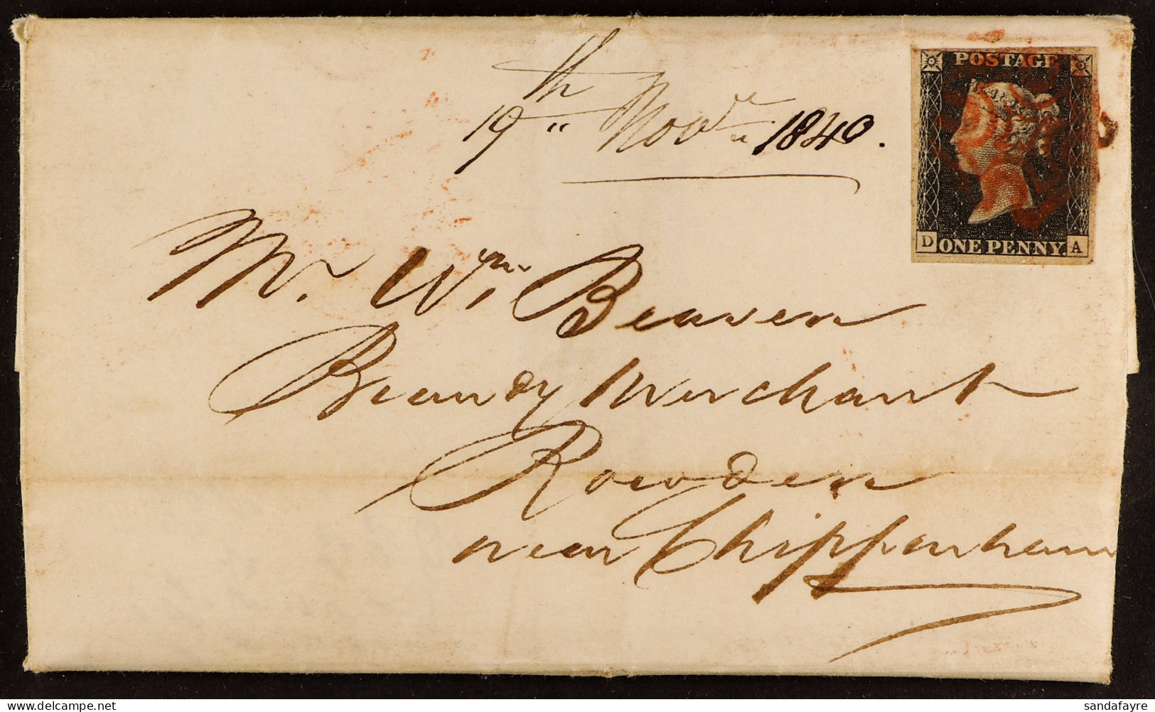 1840 (19 Nov) Entire Letter To Rowden, Bearing 1d Penny Black 'DA' Plate 2 (SG 2) Tied By Red MC Cancel, Plus 'Bristol'  - Unclassified