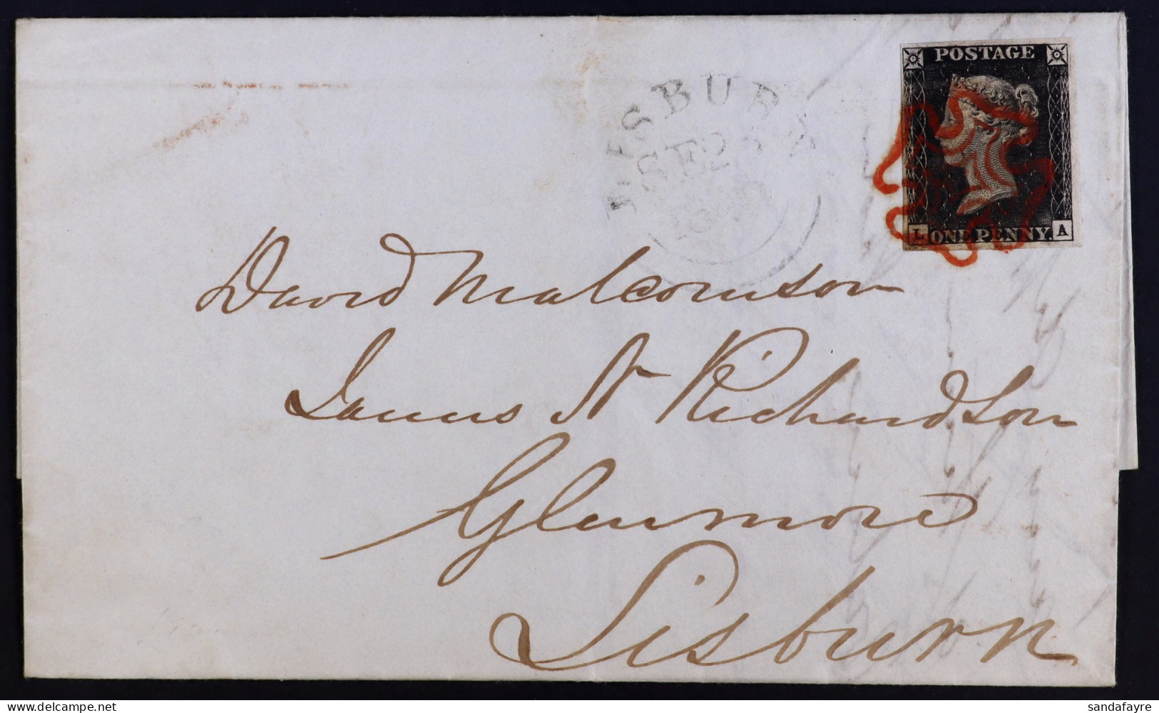 1840 (23 Sep) Entire Letter Bearing 1d Back 'LA' Plate 2 (4 Margins) Tied By Red MC Cancel, Two Transit Marks On Reverse - Ohne Zuordnung