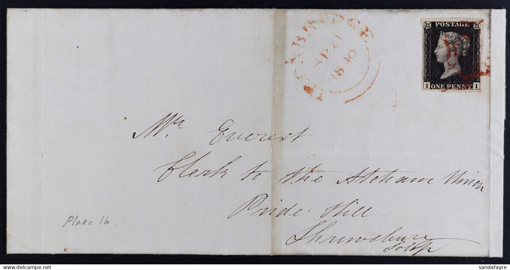 1840 (24 Sep) Entire Letter Bearing 1d Black Plate 1b 'II' (4 Good To Large Margins) Tied By Red MC Cancel, Plus 'Iron B - Non Classés