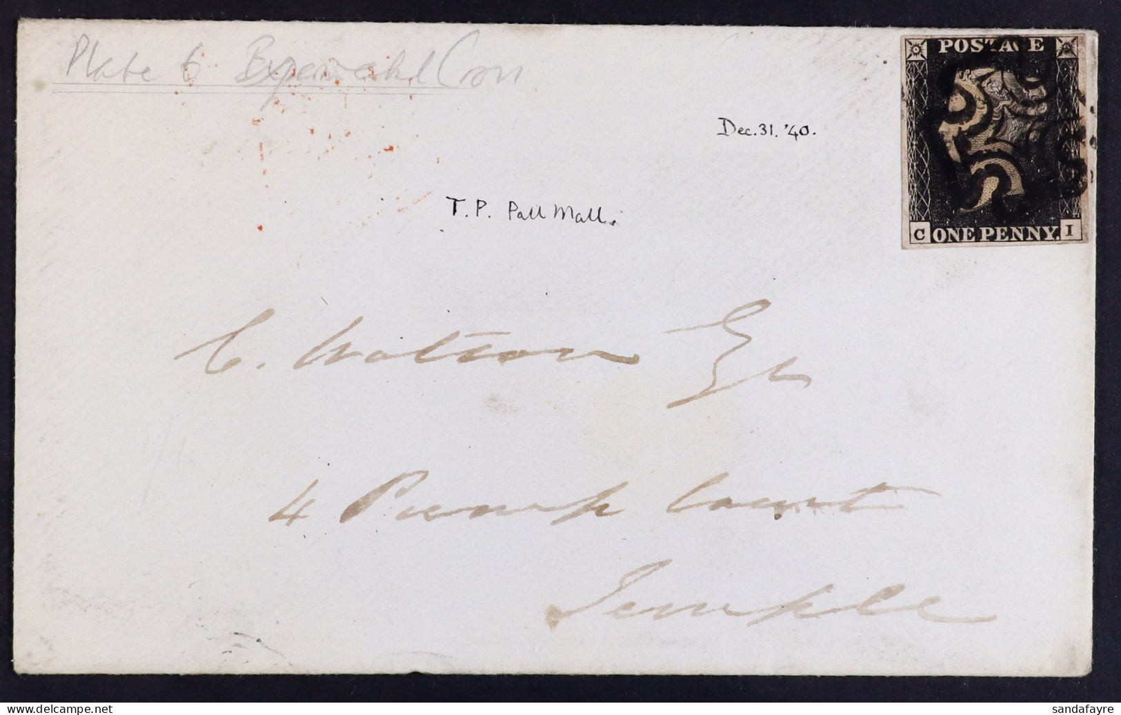 1840 (31 Dec) Cover Bearing 1d Black Plate 6 'CI' (4 Margins) Tied By Black MC Cancel, Plus Two Transit Marks On Reverse - Unclassified