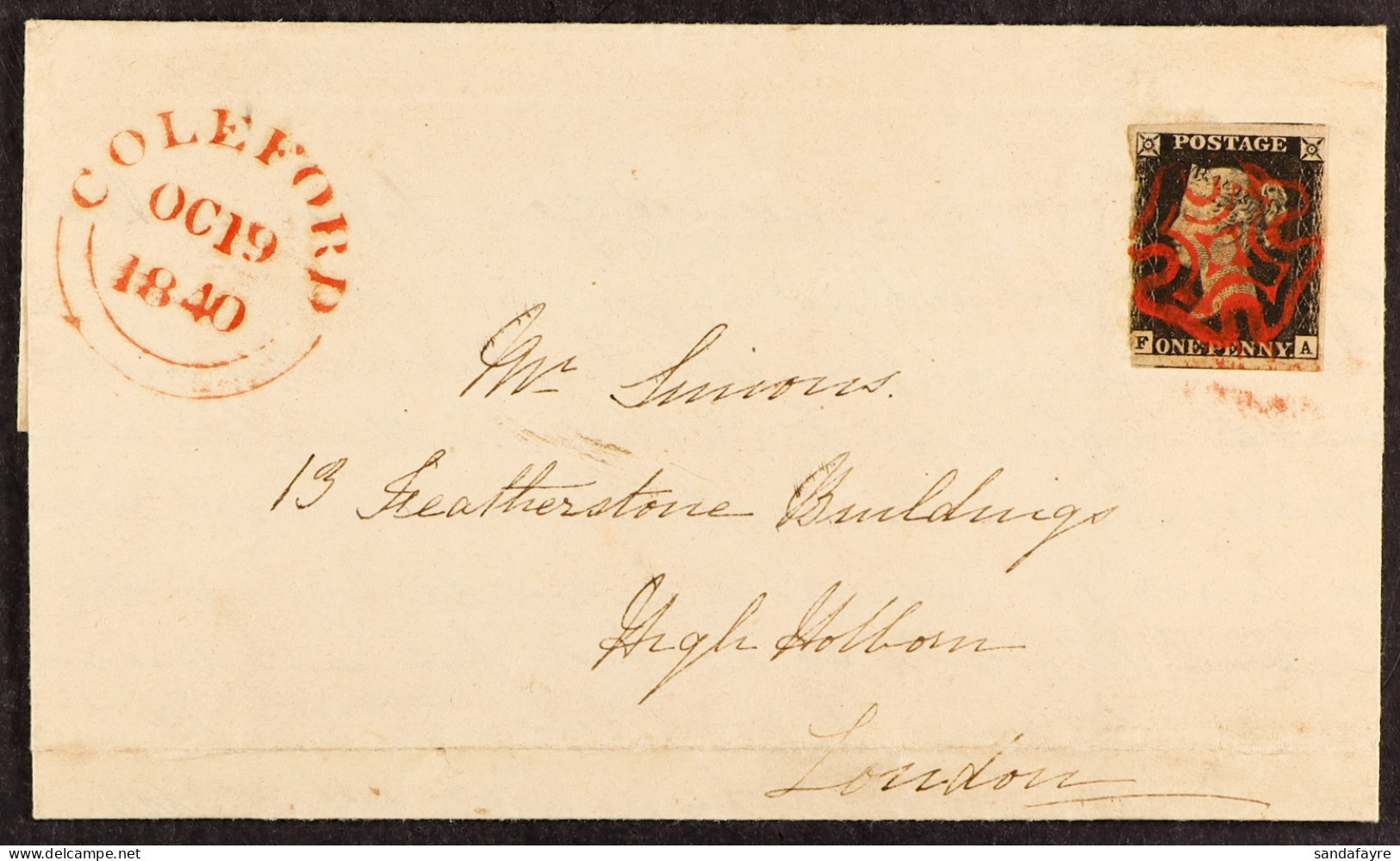 1840 1d Black, Plate 5 'FA' (3 Margins) On An October 1840 Wrapper Coleford To London, Neat Red Maltese Cross. - Unclassified