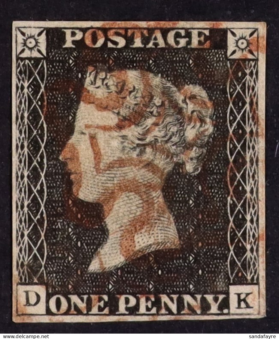 1840 1d Black 'DK' Plate 6, SG 2, Used With 4 Margins & Red MC Cancellation. Cat ?400. - Unclassified