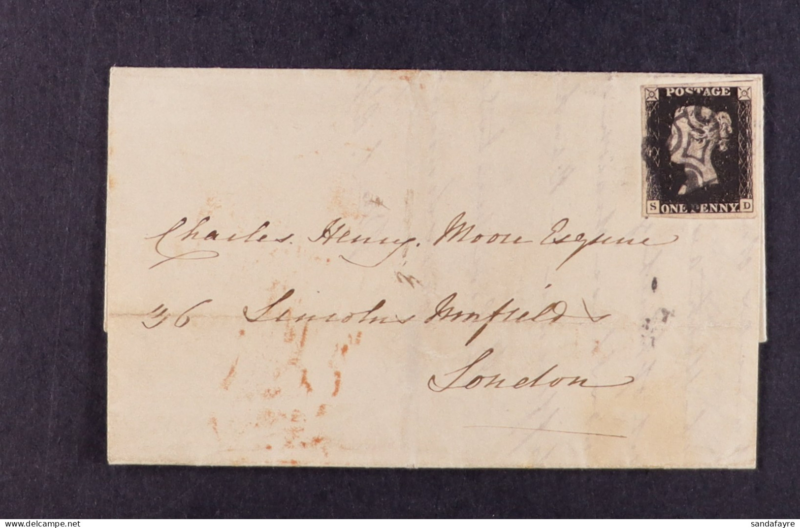 1841 (15 Feb) EL From Jersey (Montague House) To London Bearing 1d Black 'SD' Plate 9 With 4 Large Margins Just Tied By  - Unclassified