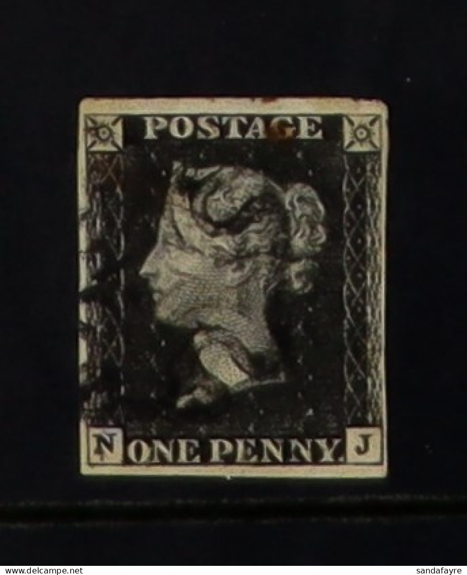 1841 1d Black 'NJ' Plate 8 On Thin Paper, Spec AS49e, Used With 4 Margins And Black Maltese Cross, With Trace Of Red Ink - Unclassified