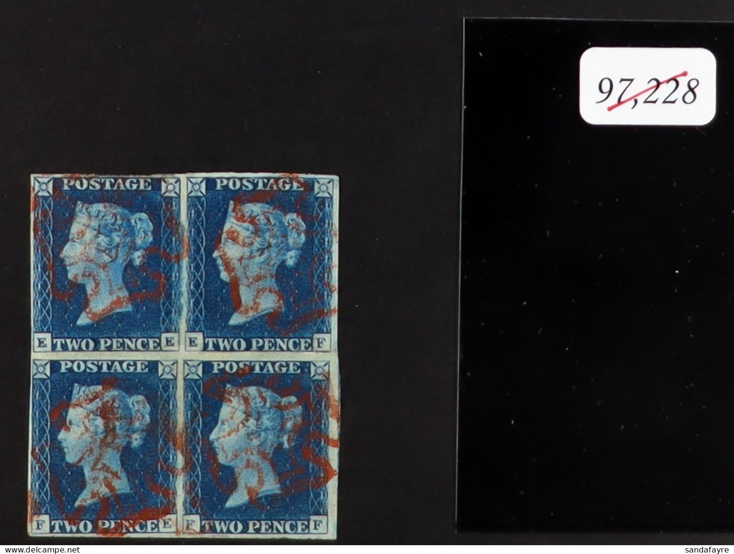 1840 2d Deep Blue Plate 2 Rejoined BLOCK OF FOUR Lettered 'EE-FF', Cancelled With Red Maltese Crosses And With 4 Margins - Autres & Non Classés
